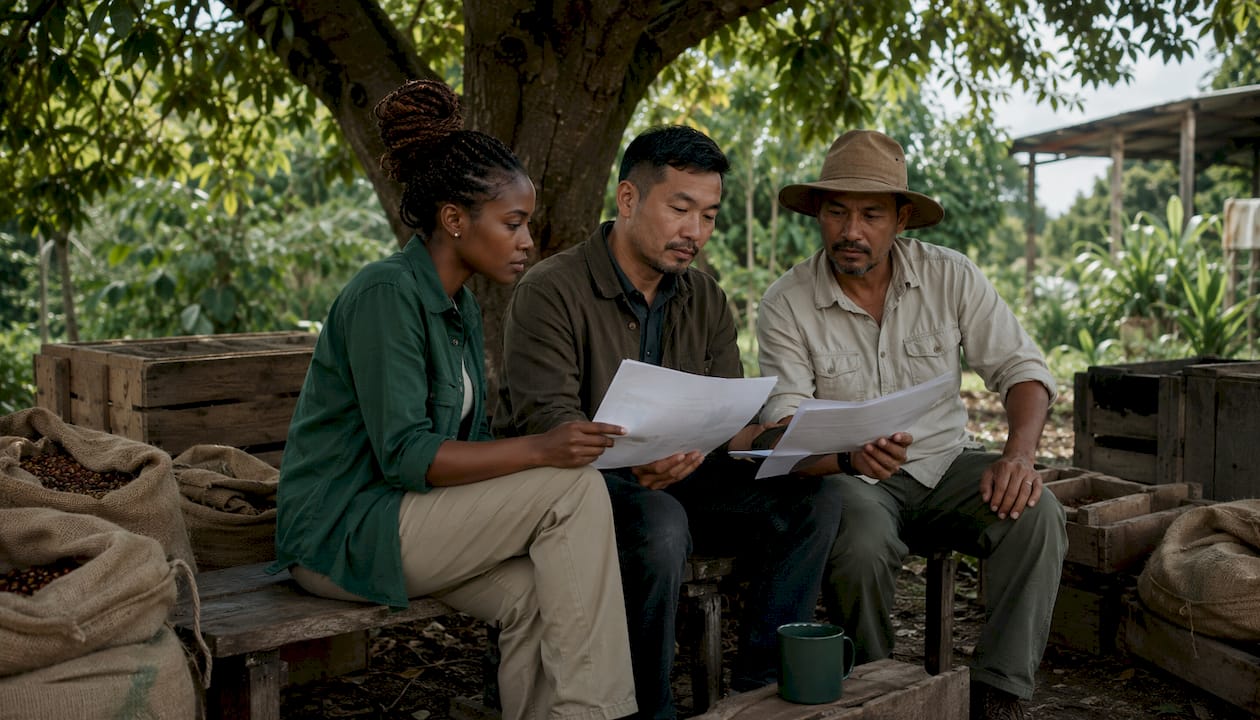 Coffee farmers reviewing certification data