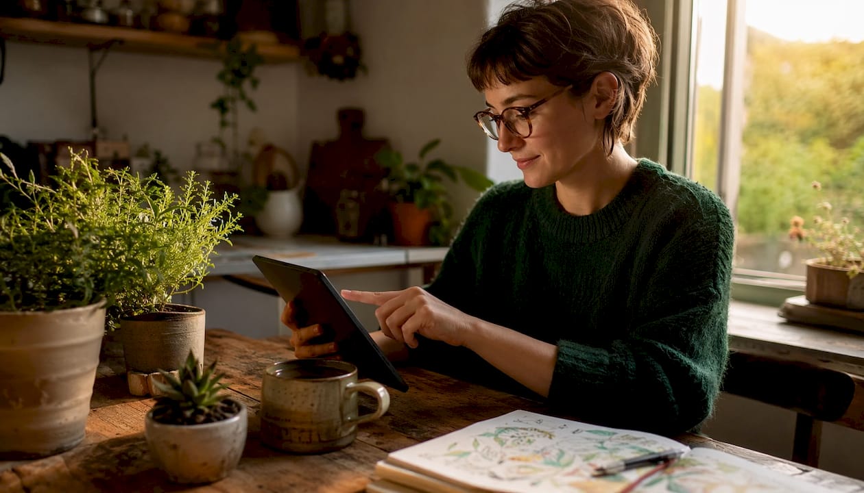 Young woman browsing climate positive gift options on tablet