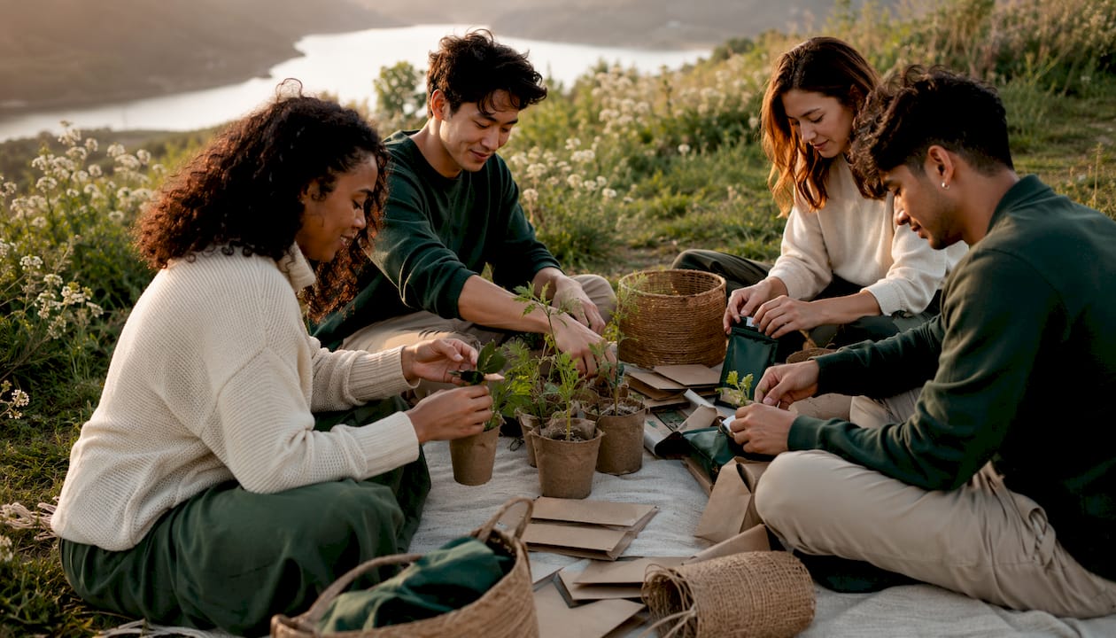 Overhead view of diverse group arranging eco-conscious gifts outdoors