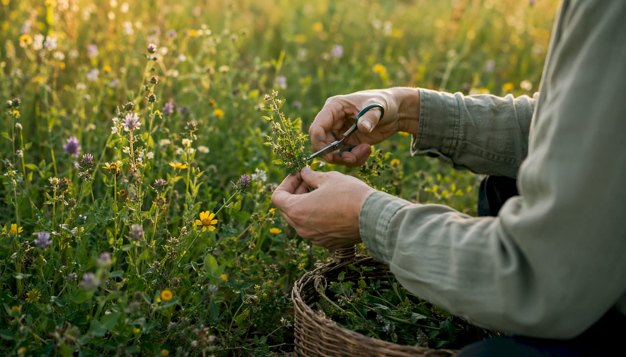 Hands harvesting wildcrafted green herbs in forest
