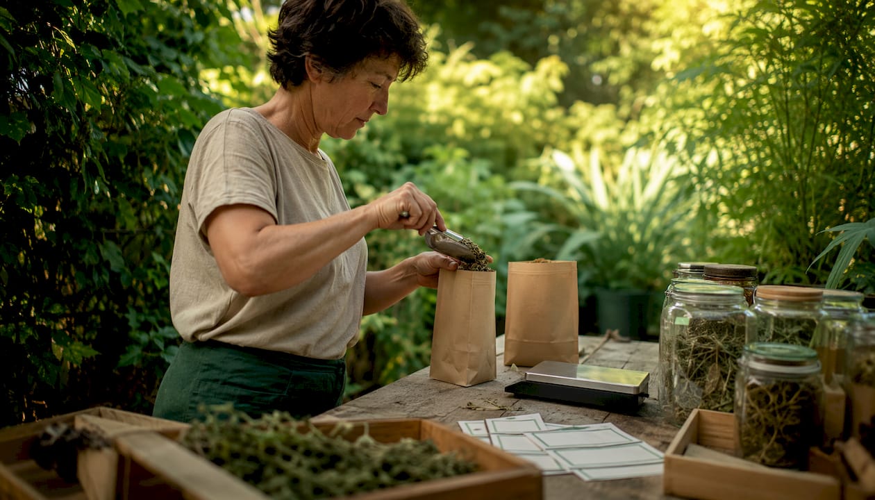 Hands packing certified bulk herbs sustainably