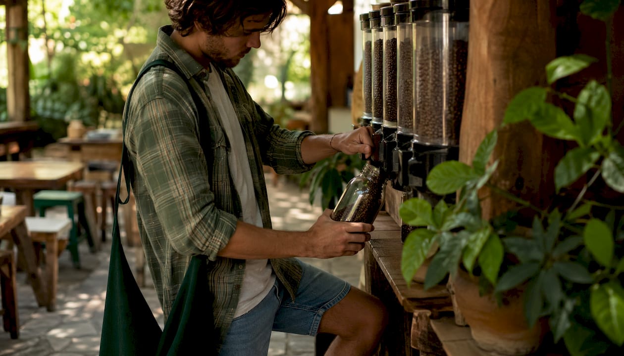 Customer filling reusable container with coffee beans