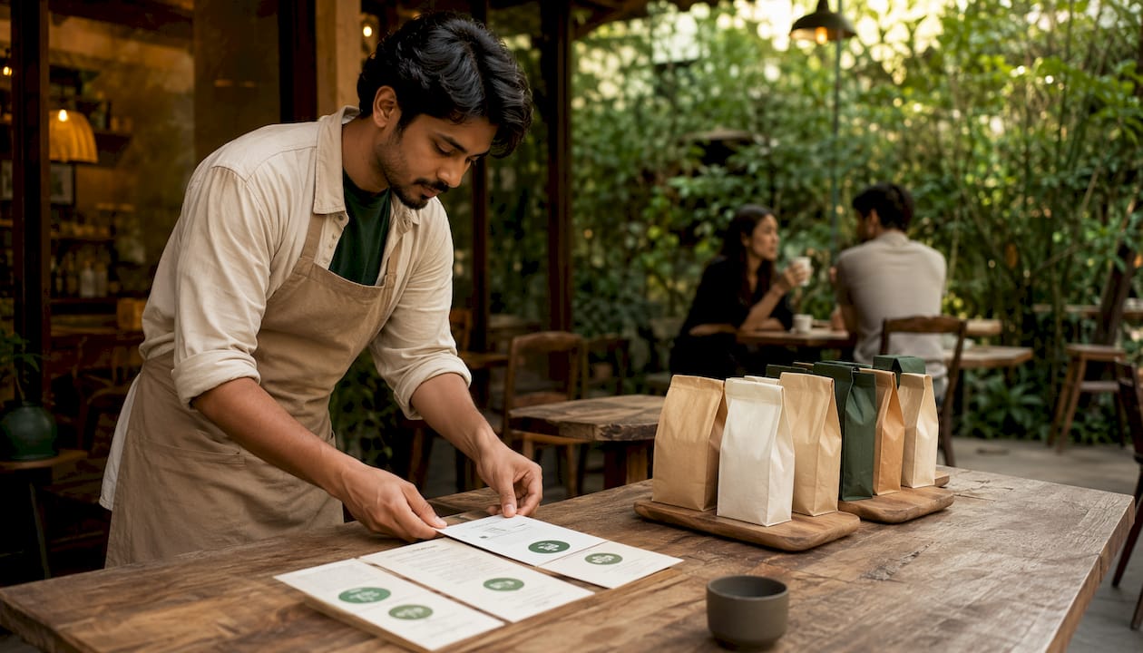 Barista arranging eco-label info in coffee shop