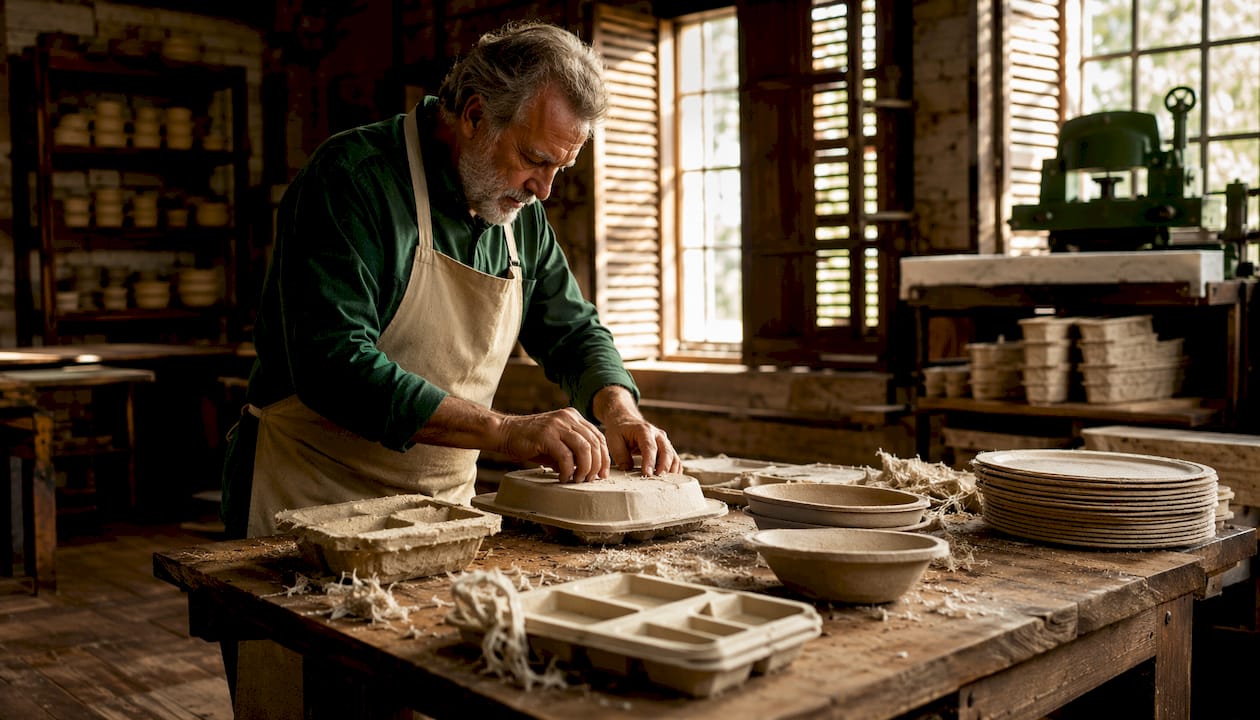 Artisan making molded fiber packaging in workshop