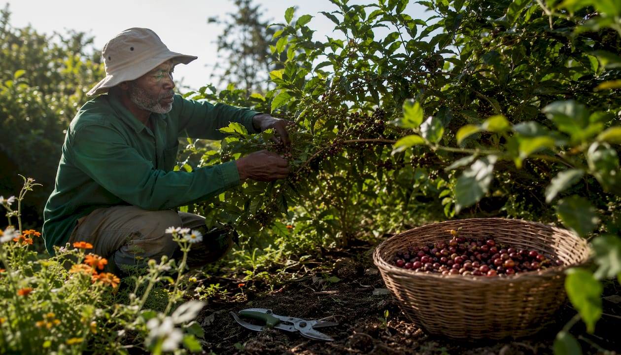 Coffee farmer pruning bushes under tree canopy