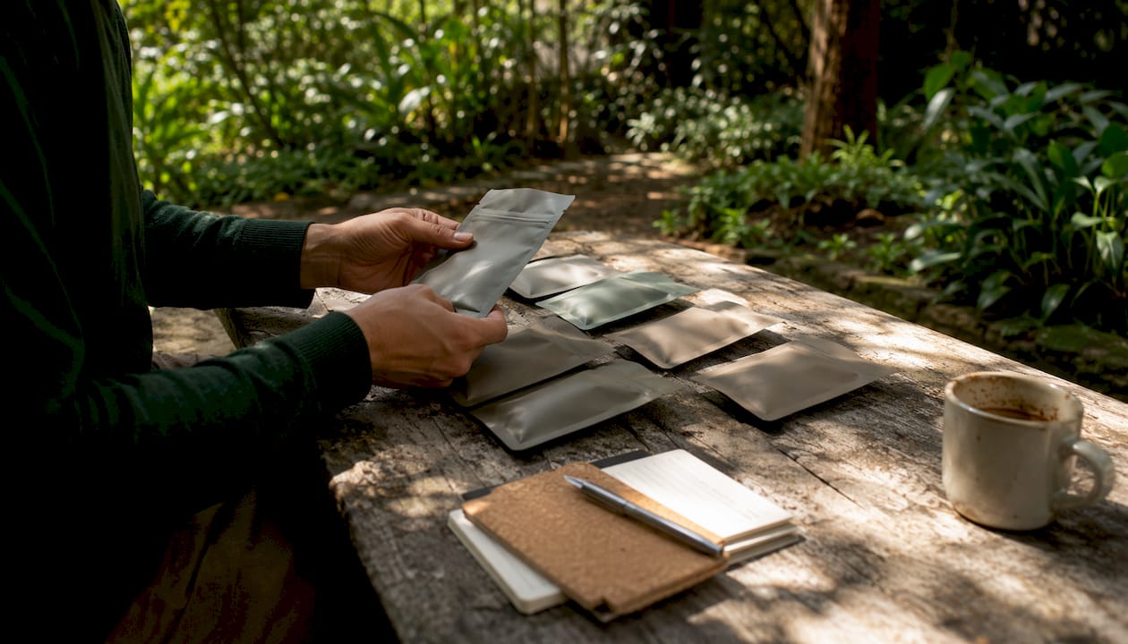 Hands sorting specialty coffee samples on kitchen table