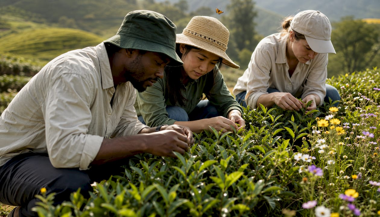Farmers inspecting organic tea bushes with pollinators