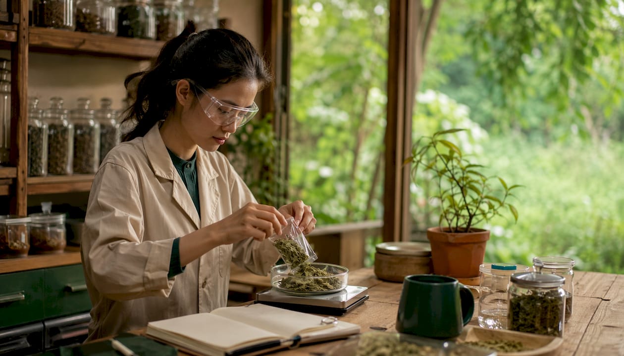Lab technician handling tea leaves for quality testing