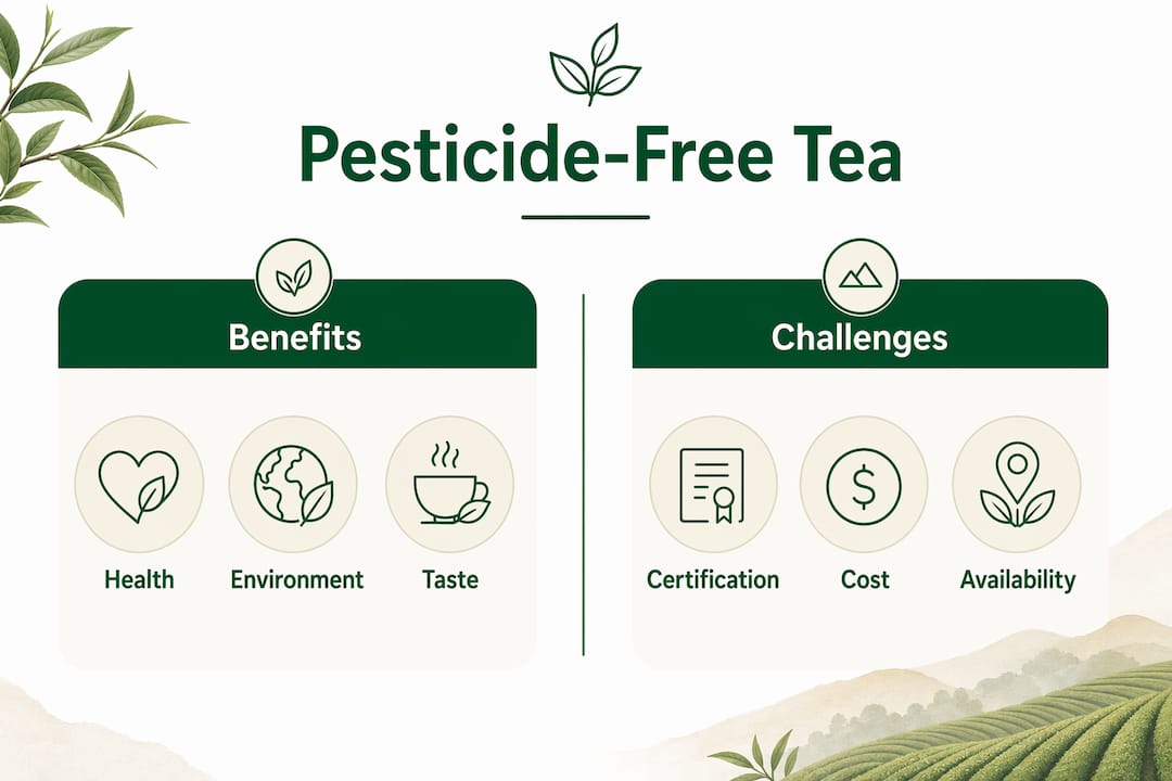 Infographic comparing benefits and challenges of pesticide-free tea