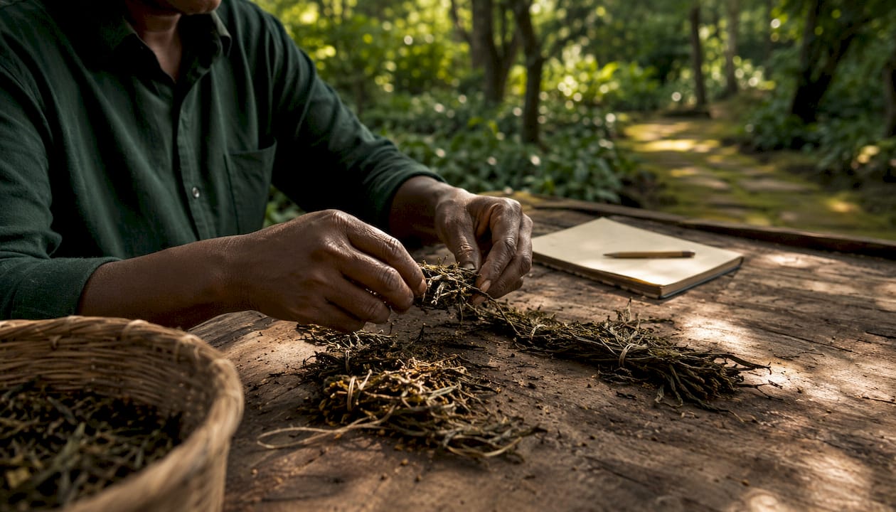 Hands sorting tea bundles in processing