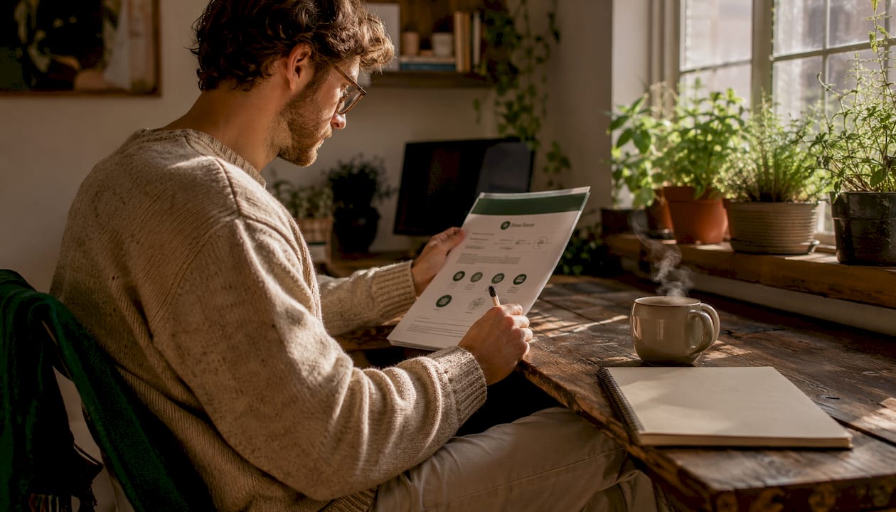 Consumer reviewing climate-positive tea report