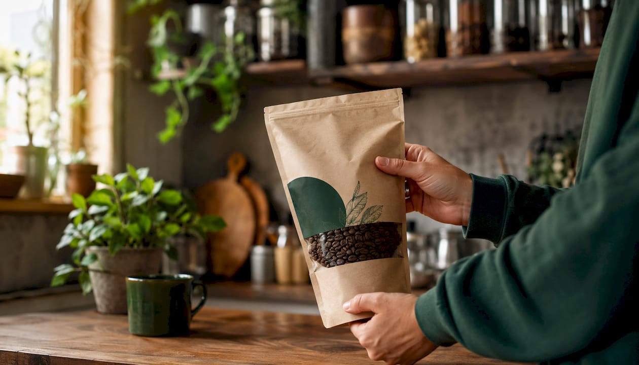 Hand holding biodegradable coffee bag in roastery