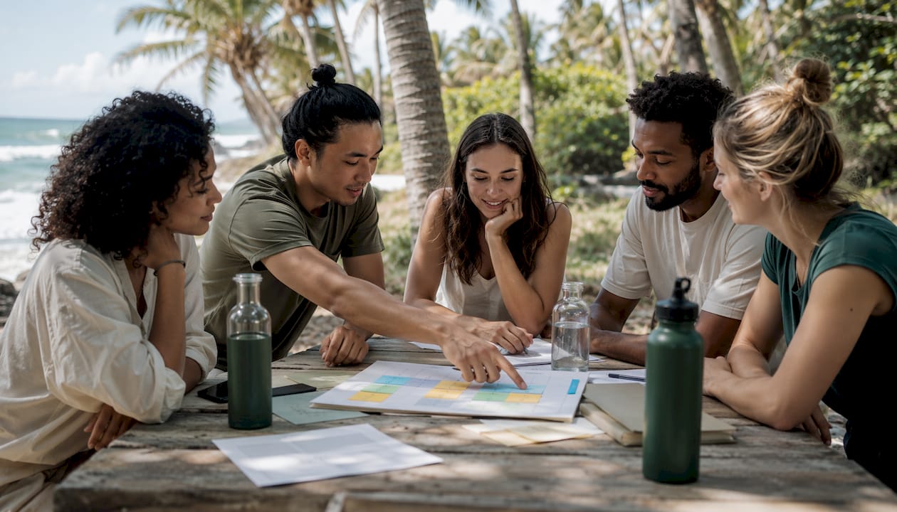 Team discussing coastal cleanup strategy in meeting