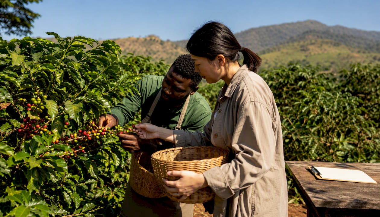 Hands inspecting coffee branch on farm field
