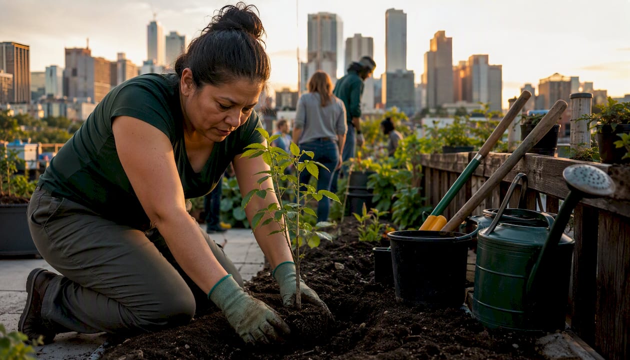 Volunteer planting tree sapling in community park