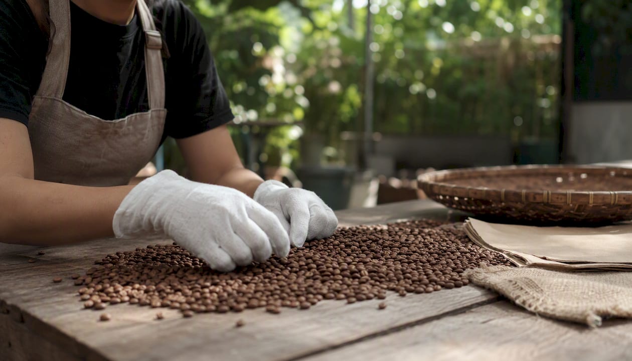 Hands sorting coffee beans in warehouse
