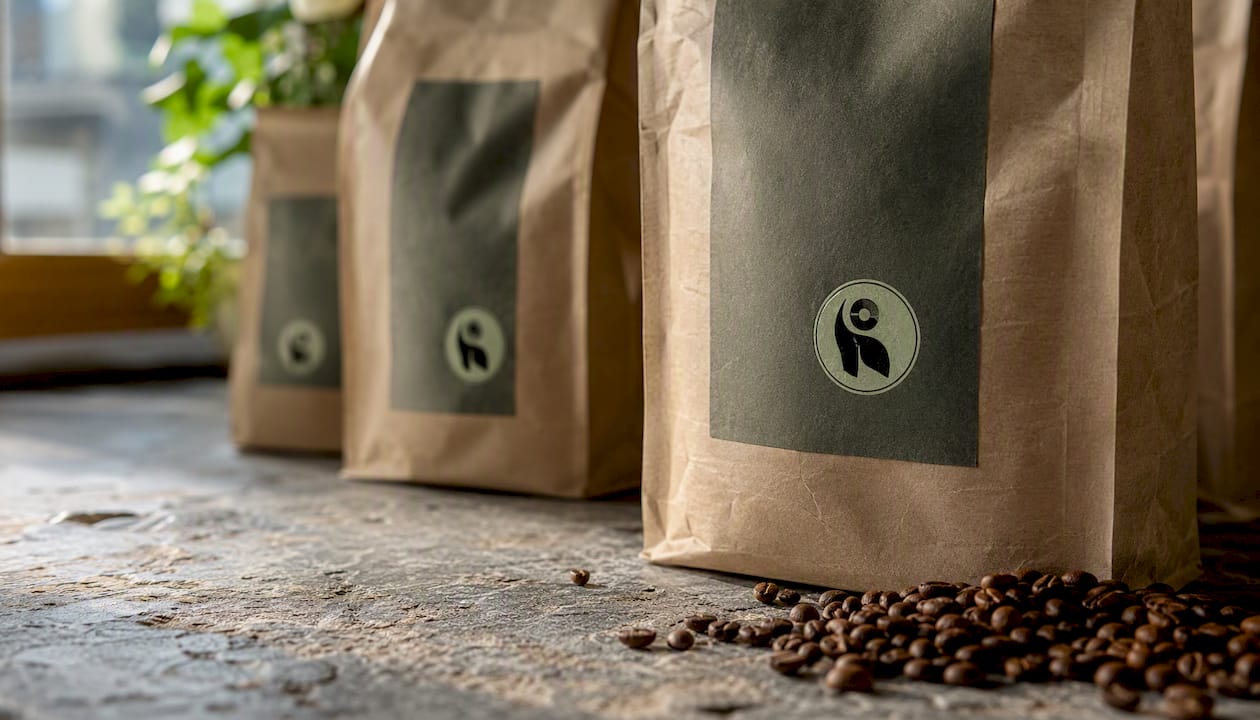 Close-up coffee packaging with fair trade seal