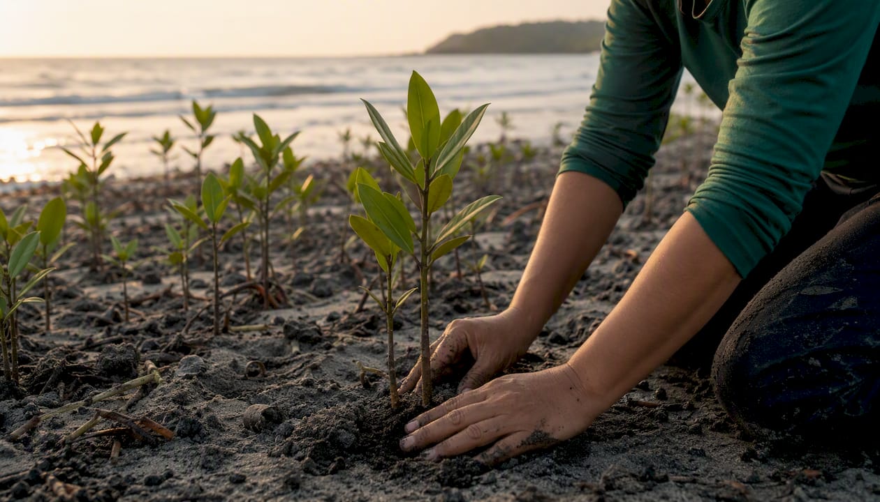 Hands planting mangrove sapling in mud