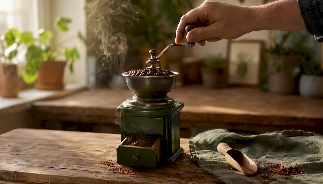 Grinding fresh coffee beans with burr grinder