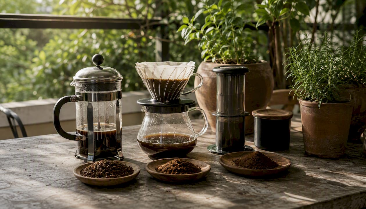 Different coffee grind sizes with brewing tools