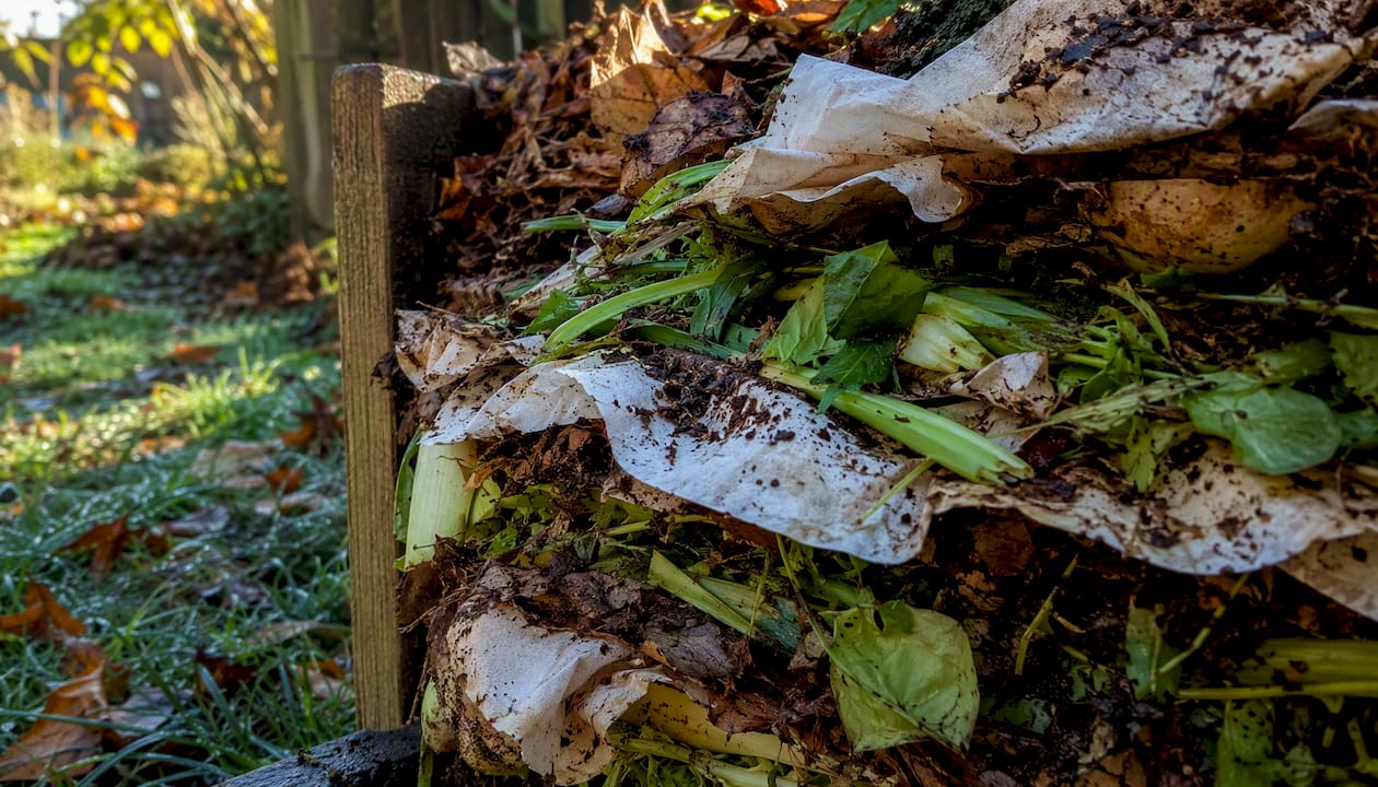 Layered backyard compost pile with coffee filters