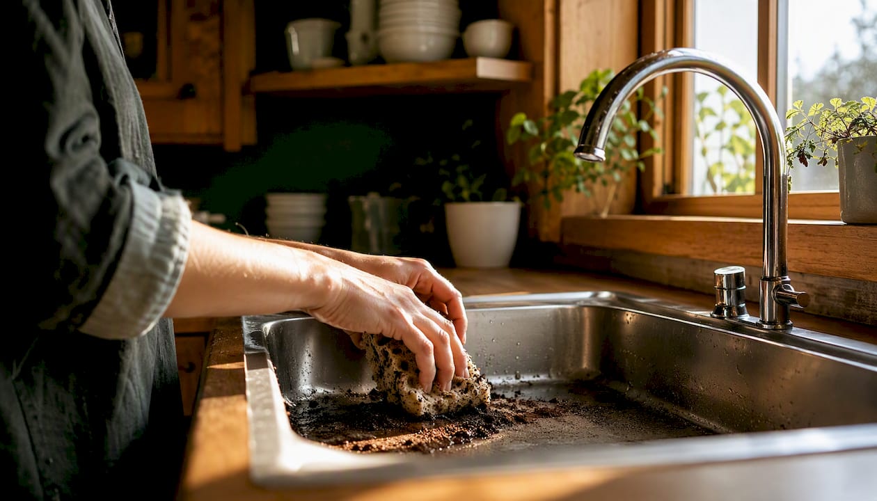 Hands cleaning kitchen sink with dry coffee grounds