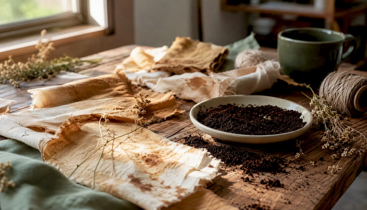 Craft workspace with coffee grounds and dyed fabrics