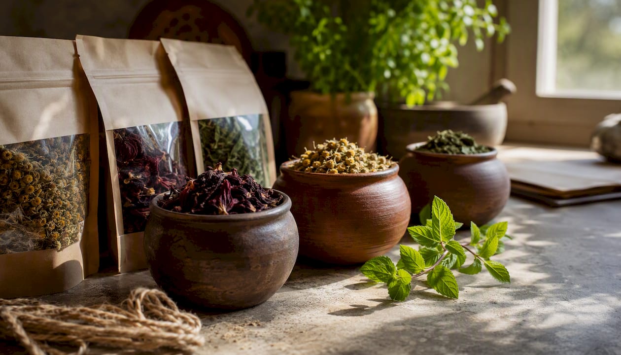 Dried herbs in eco-friendly packaging on wooden table