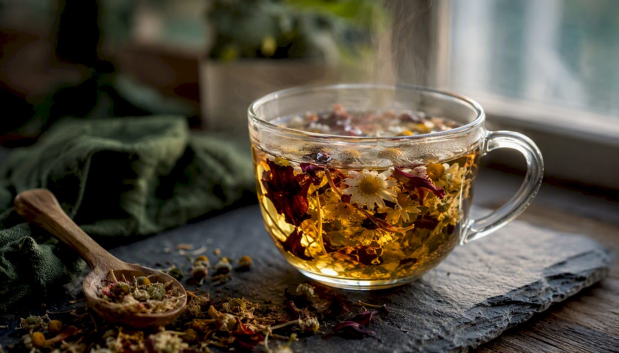Herbal tea steeping in glass cup with loose herbs
