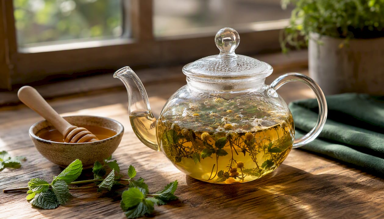 Teapot steeping loose lavender and passionflower