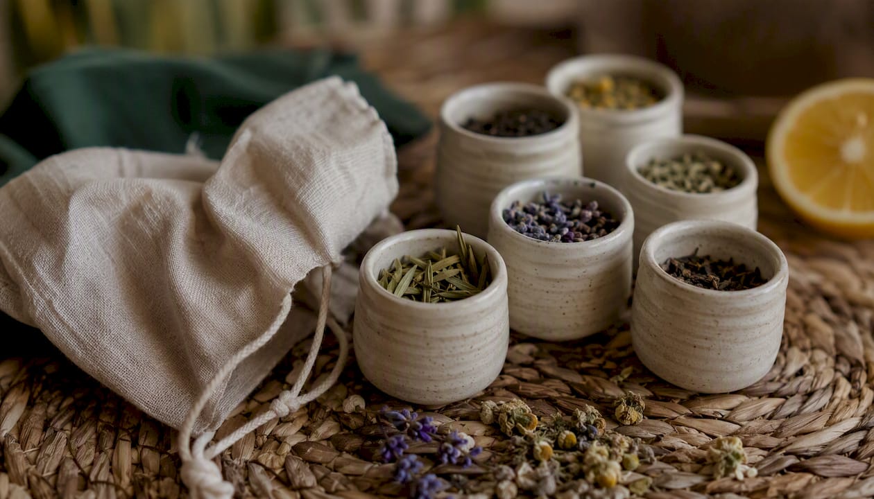 Sampler jars of assorted dried herbal teas