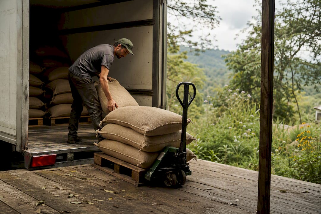Worker unloading coffee bean sacks
