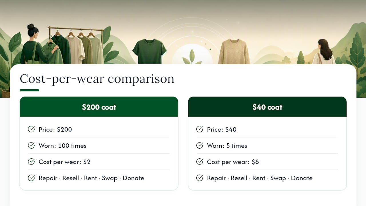 Diagram showing cost-per-wear comparison and ethical buying habits