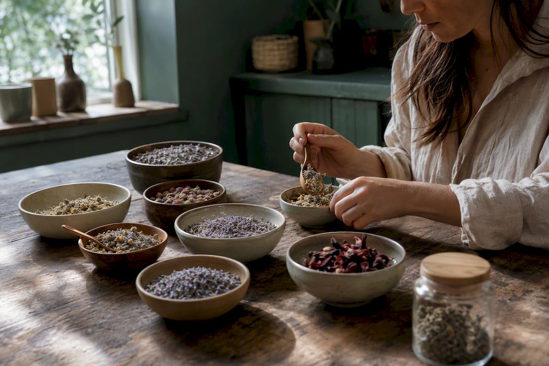 Assortment of herbal tea ingredients in bowls