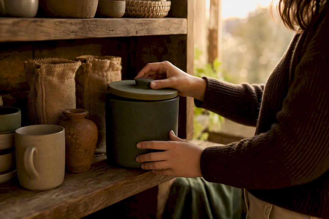 Hand closing ceramic coffee storage container