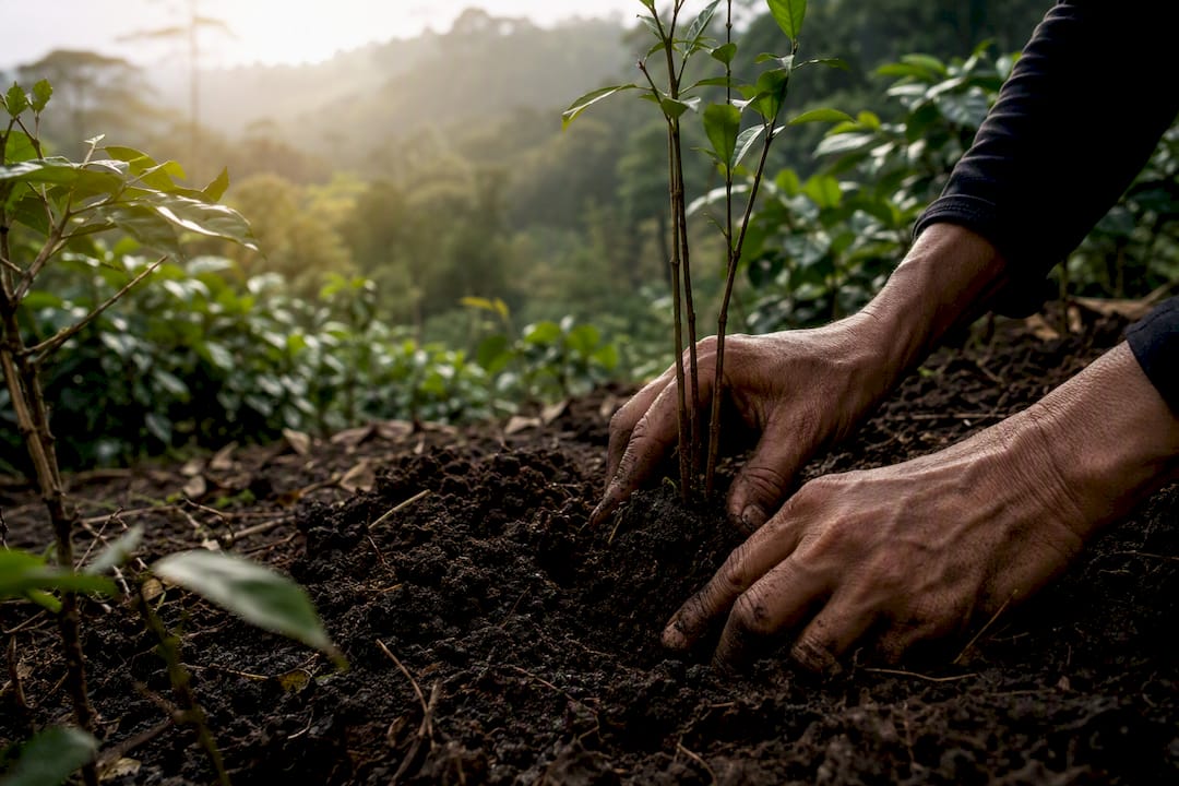 Hands planting mangrove saplings at coffee farm