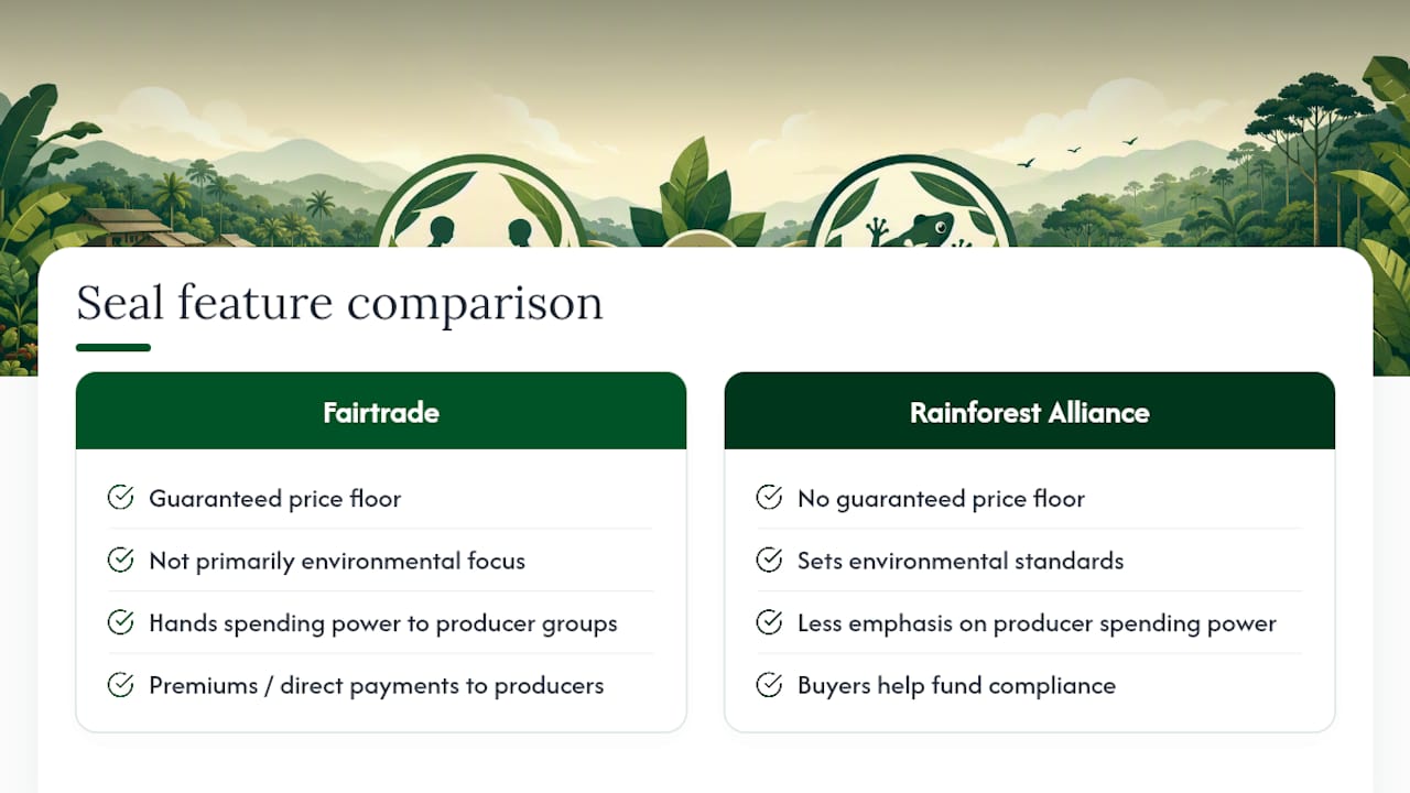 Comparison chart of Fair Trade and Rainforest Alliance features