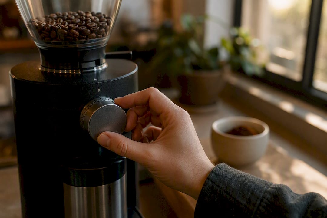Hands adjusting coffee grinder grind size