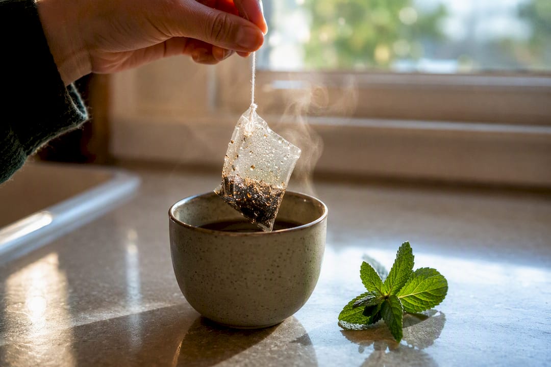 Close-up of nylon tea bag steaming in cup