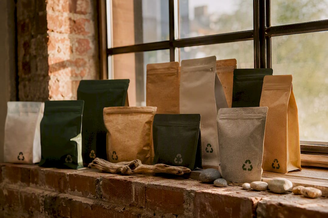 Stack of recyclable coffee packaging bags