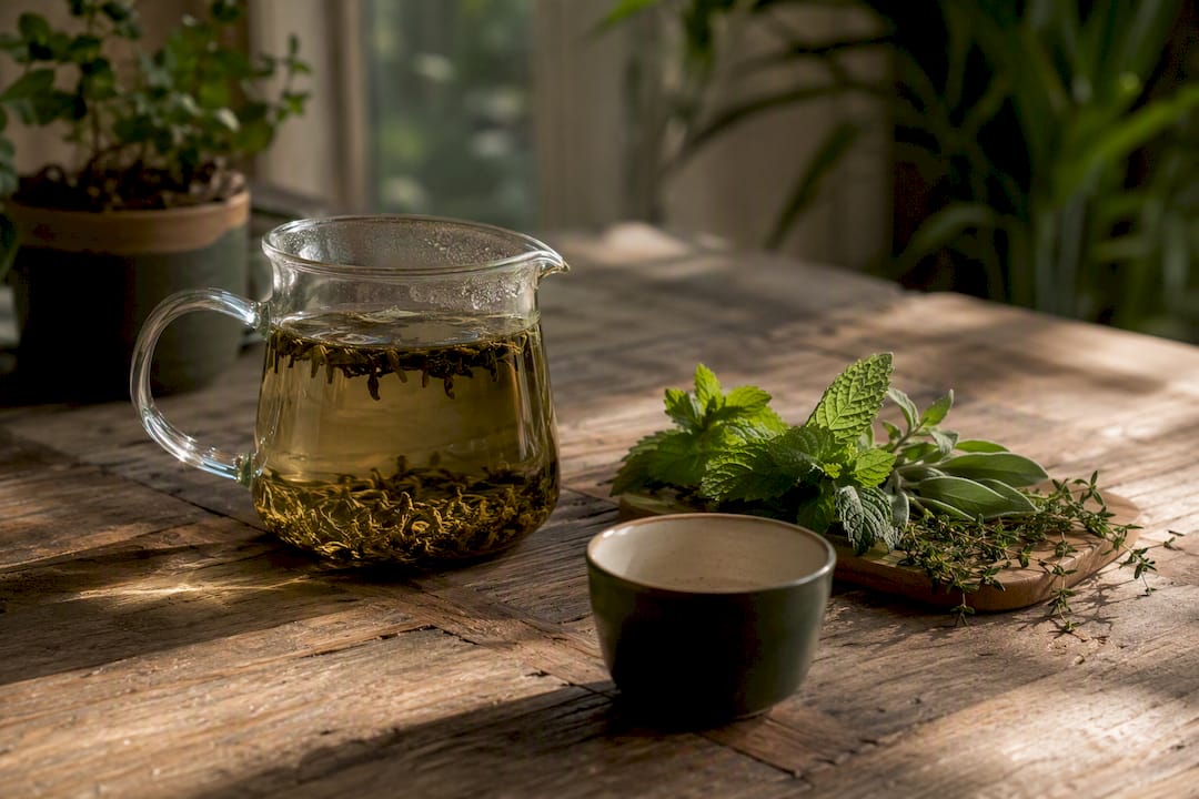 Pitcher with tea leaves steeping on wooden table