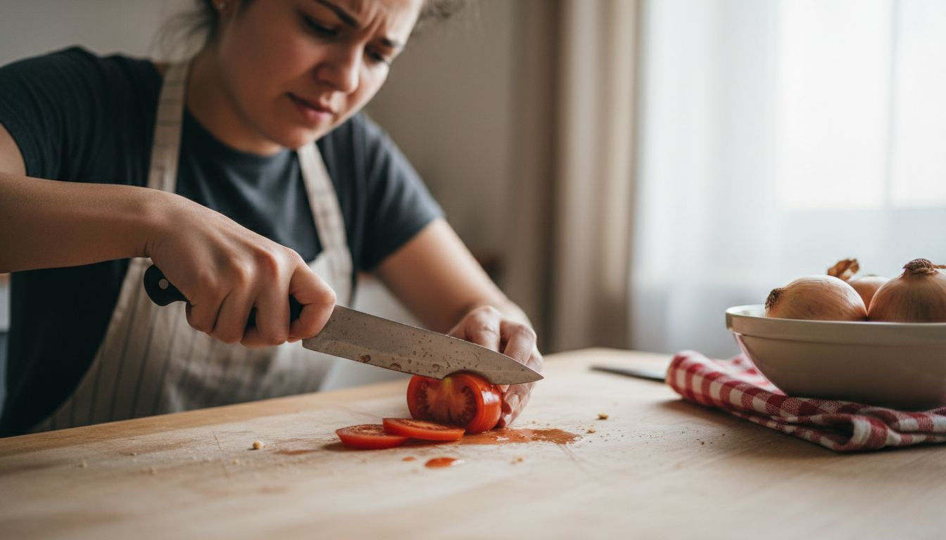 Cook struggling with dull kitchen knife