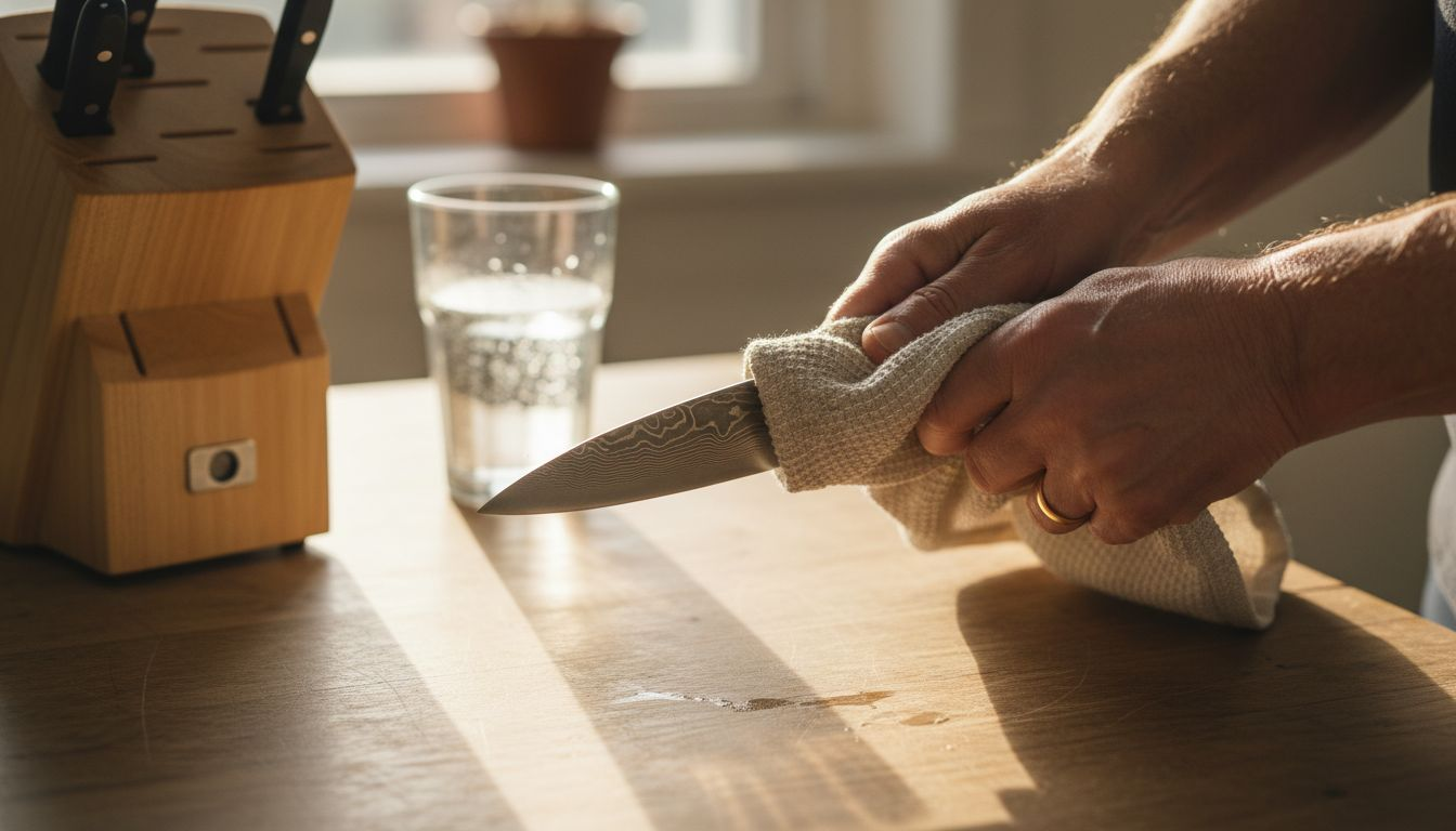 Drying Damascus steel knife with clean towel