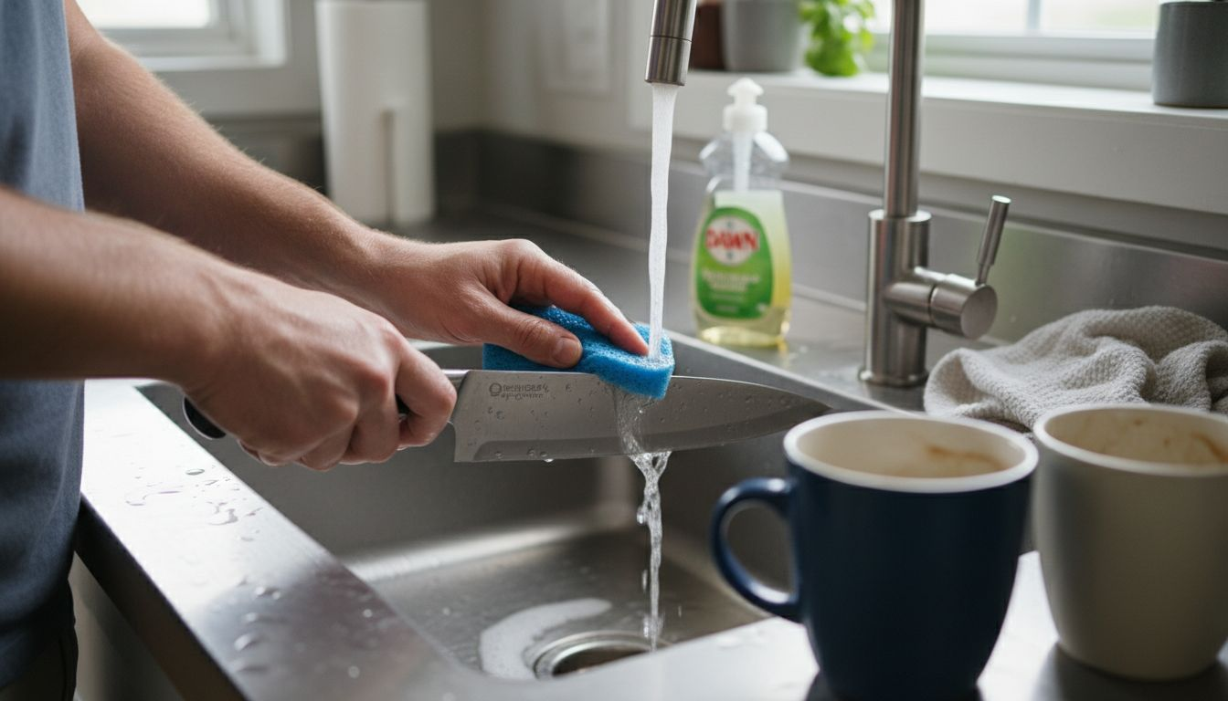 Hand cleaning kitchen knife in sink
