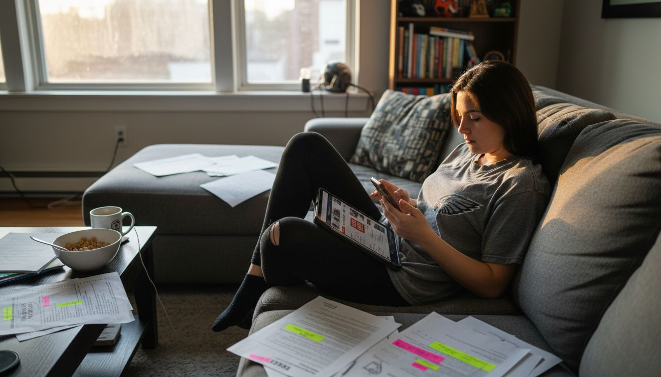 Woman vetting betting sources with devices