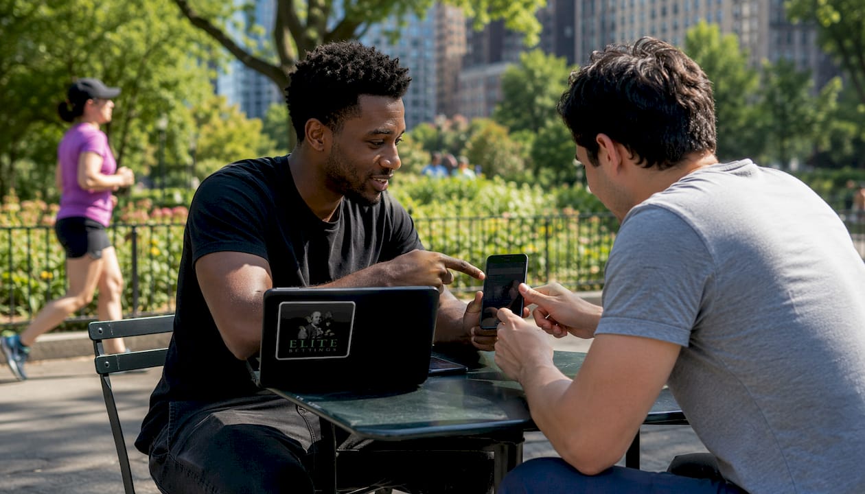 Two men comparing sports betting apps