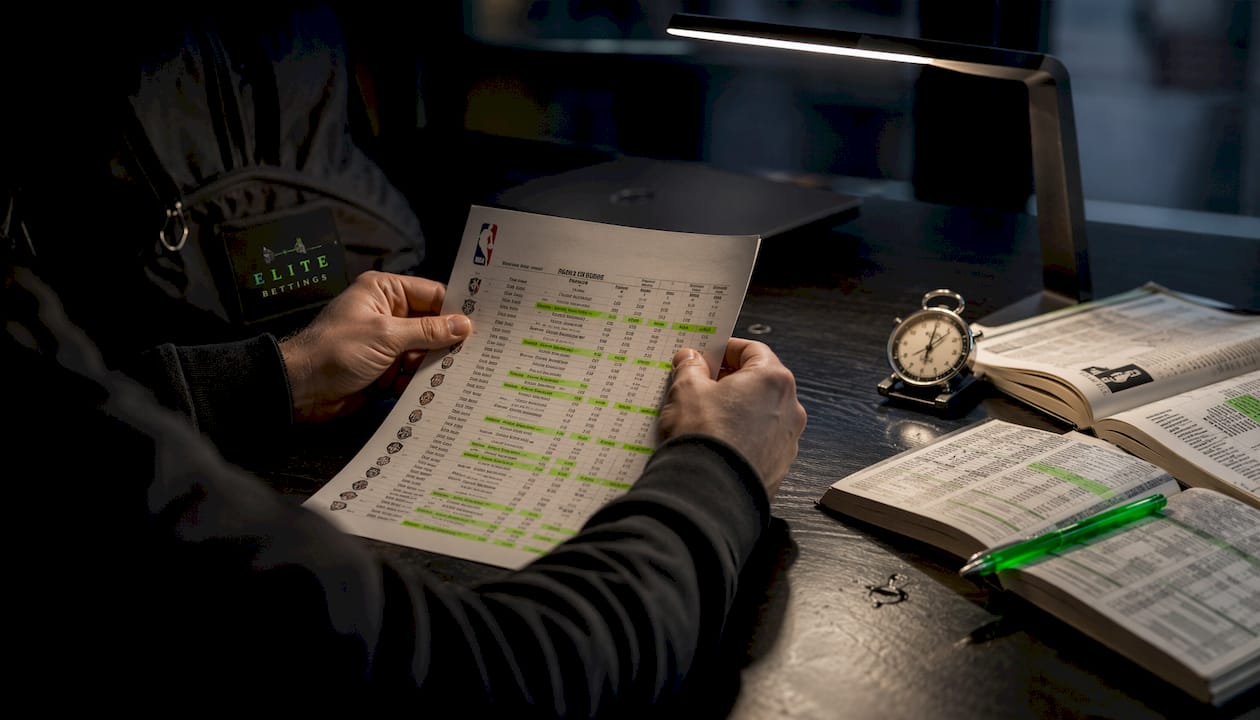 Close-up overhead of hands marking NBA schedule