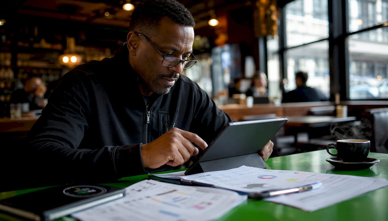 Man researching umpire data for baseball betting