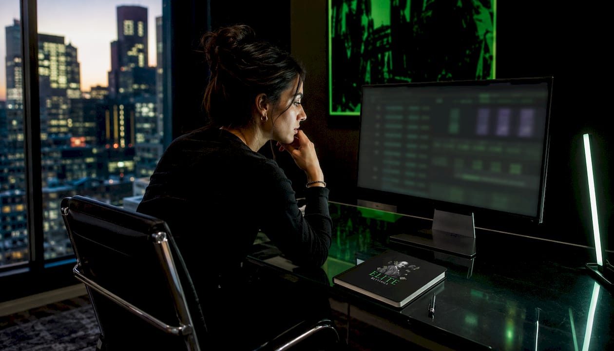 Hands scrolling NHL betting stats on monitor