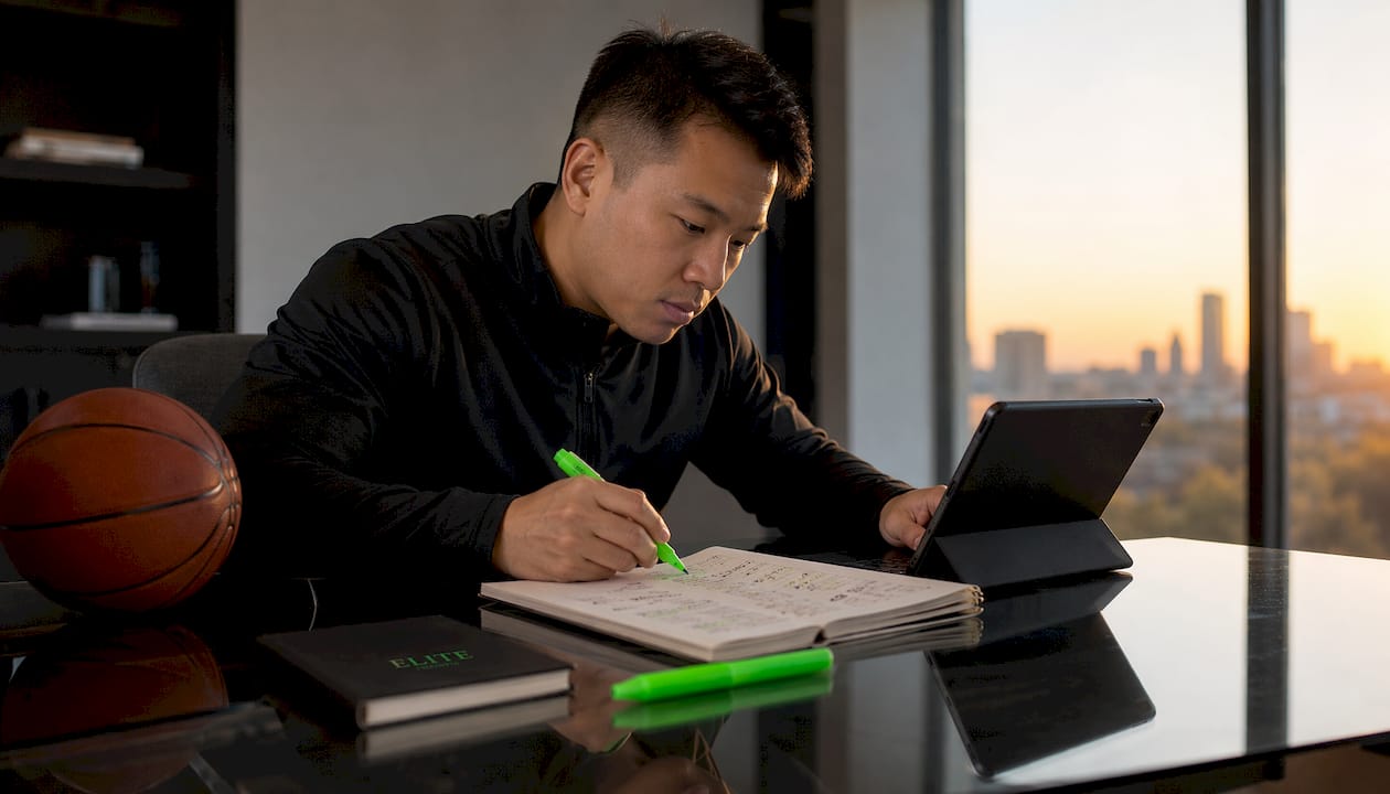 Man creating NBA same game parlay on laptop
